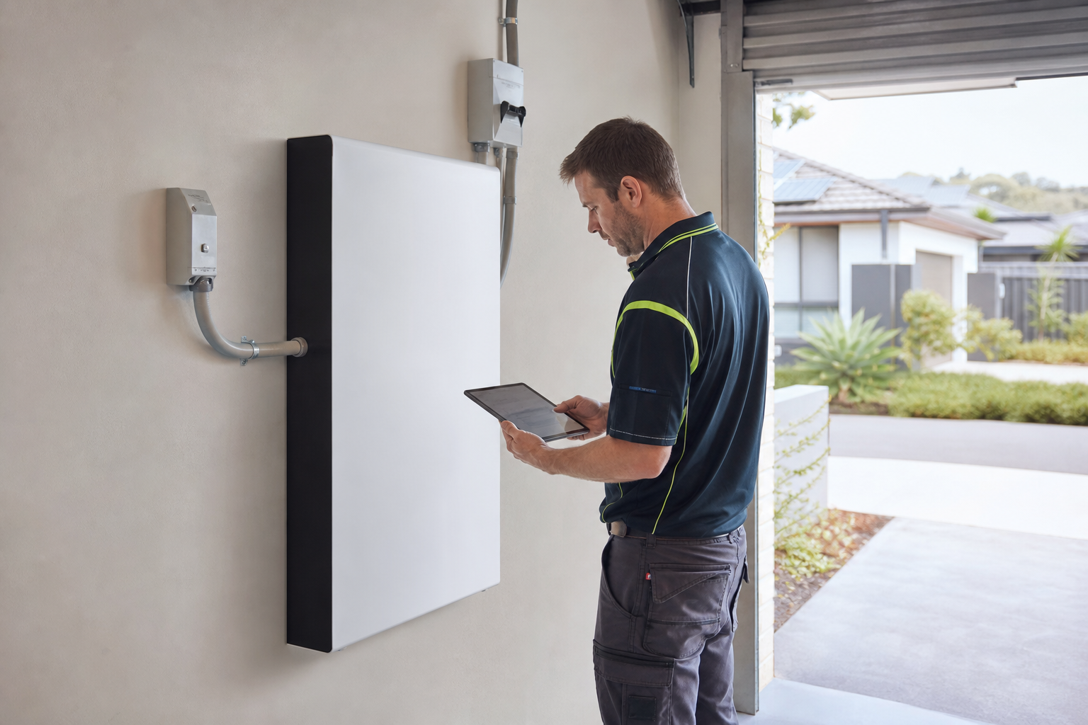 Sydney solar installer commissioning a Tesla Powerwall 3 battery with a tablet in a home garage