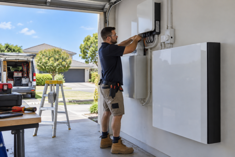 Electrician installing a Tesla Powerwall battery in a Sydney home garage