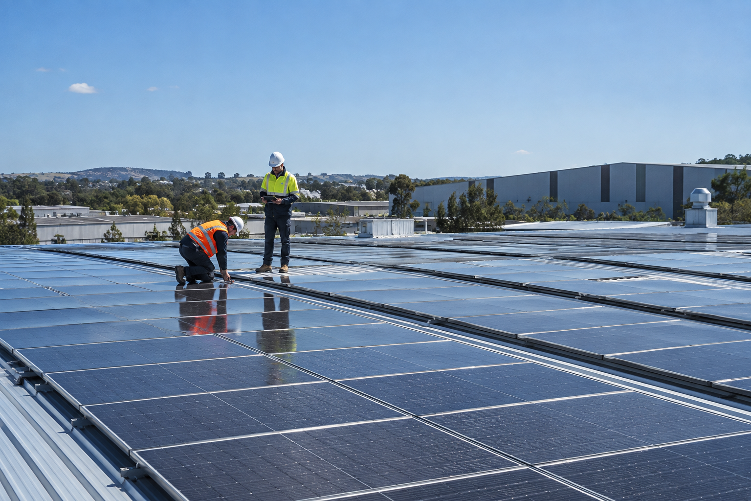 Commercial solar installation western sydney workers inspecting rooftop panels on warehouse