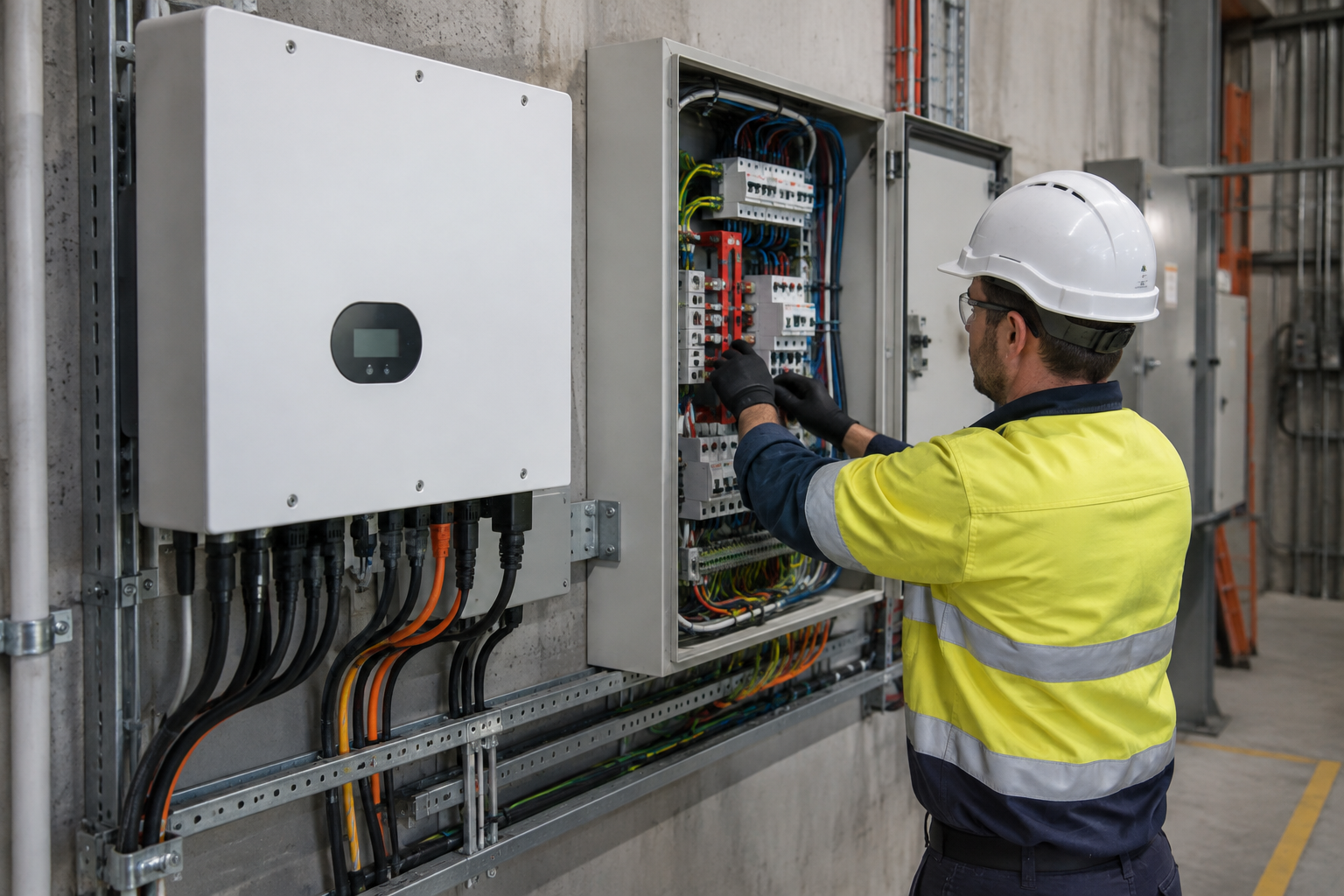 Electrician wiring a three-phase commercial solar inverter and switchboard in a Sydney warehouse plant room