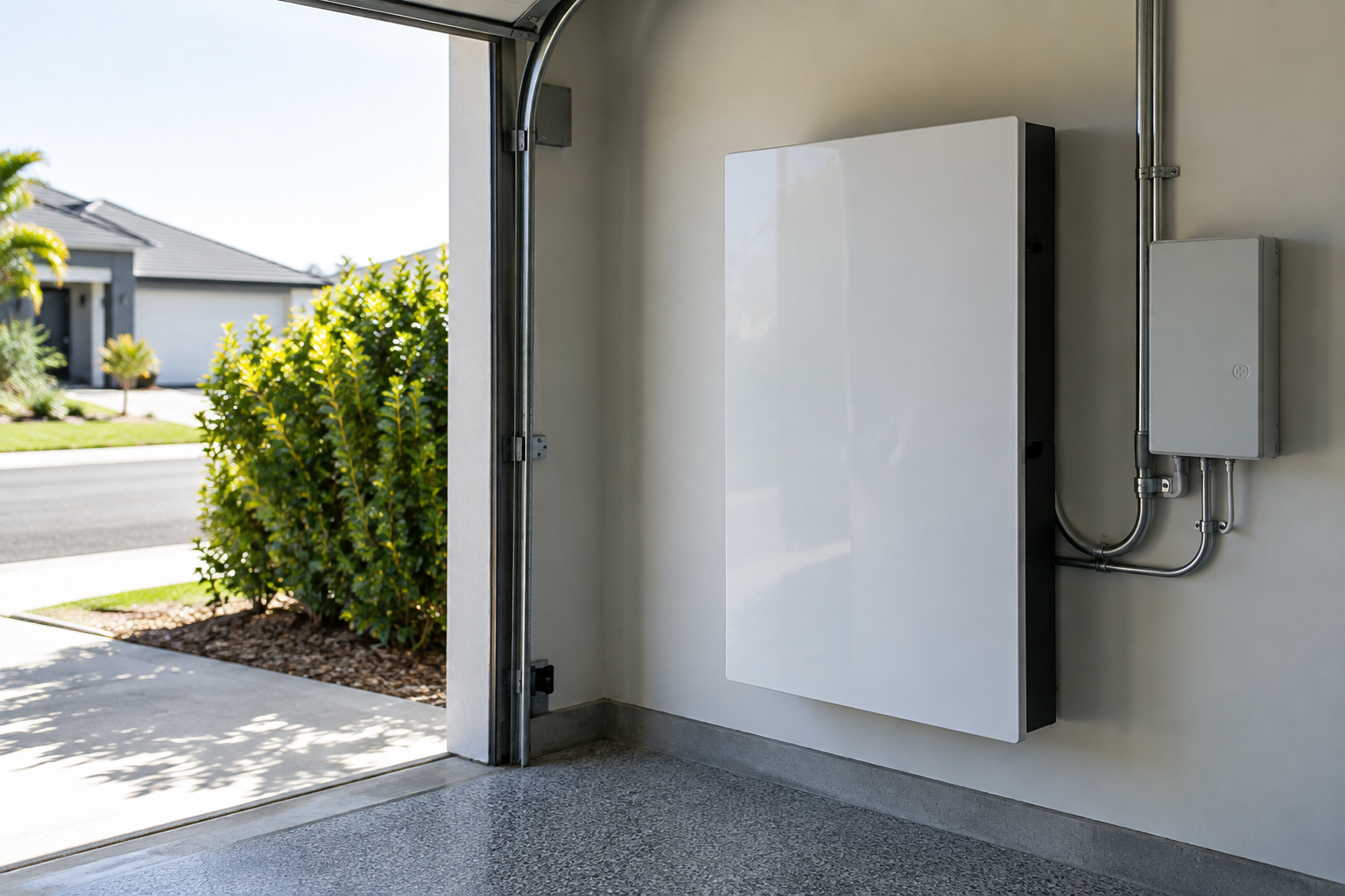 Home battery storage system installed in a Parramatta garage alongside the switchboard