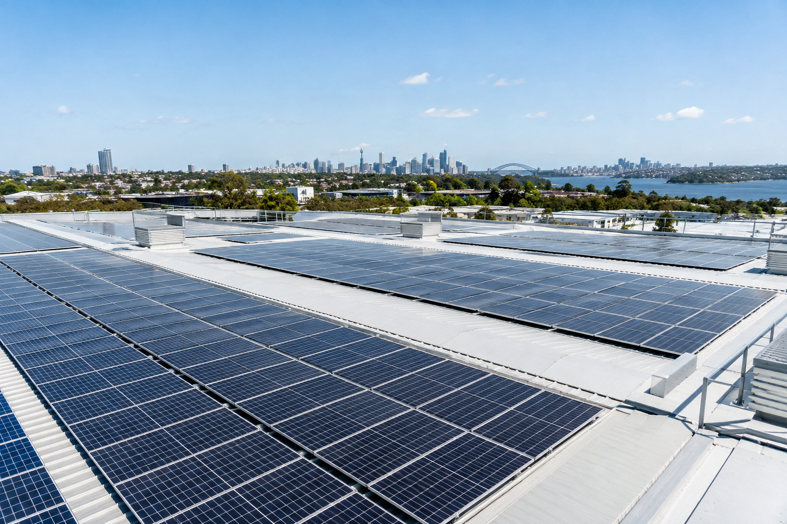 Large commercial solar panel array on a Sydney business warehouse rooftop with city skyline