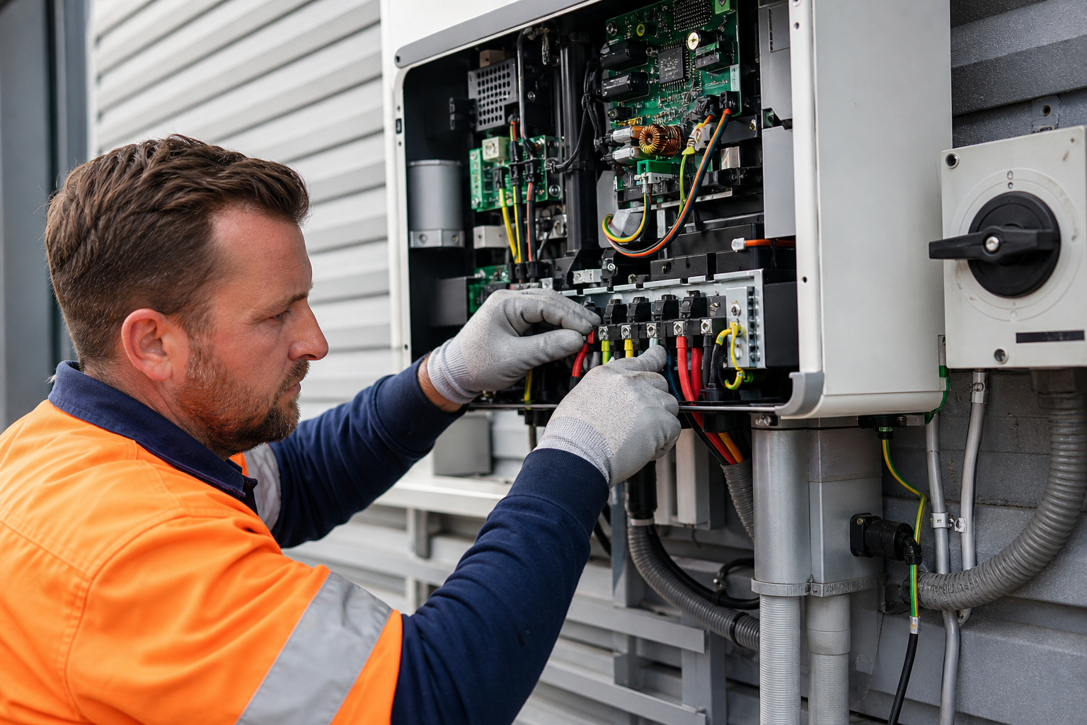 CEC-accredited electrician wiring a commercial solar inverter in Blacktown
