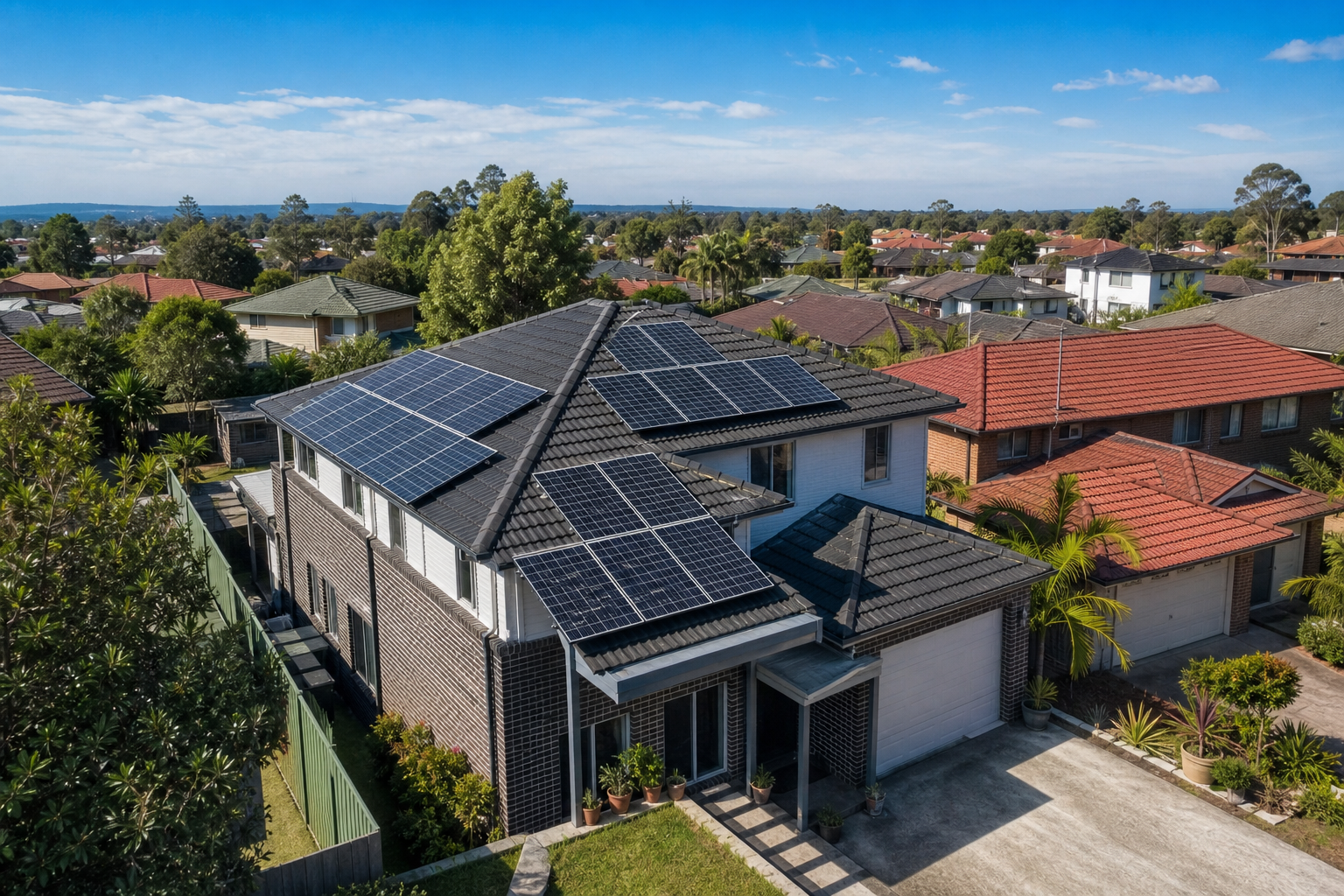 Aerial view of a Western Sydney home with rooftop solar panels across two roof faces