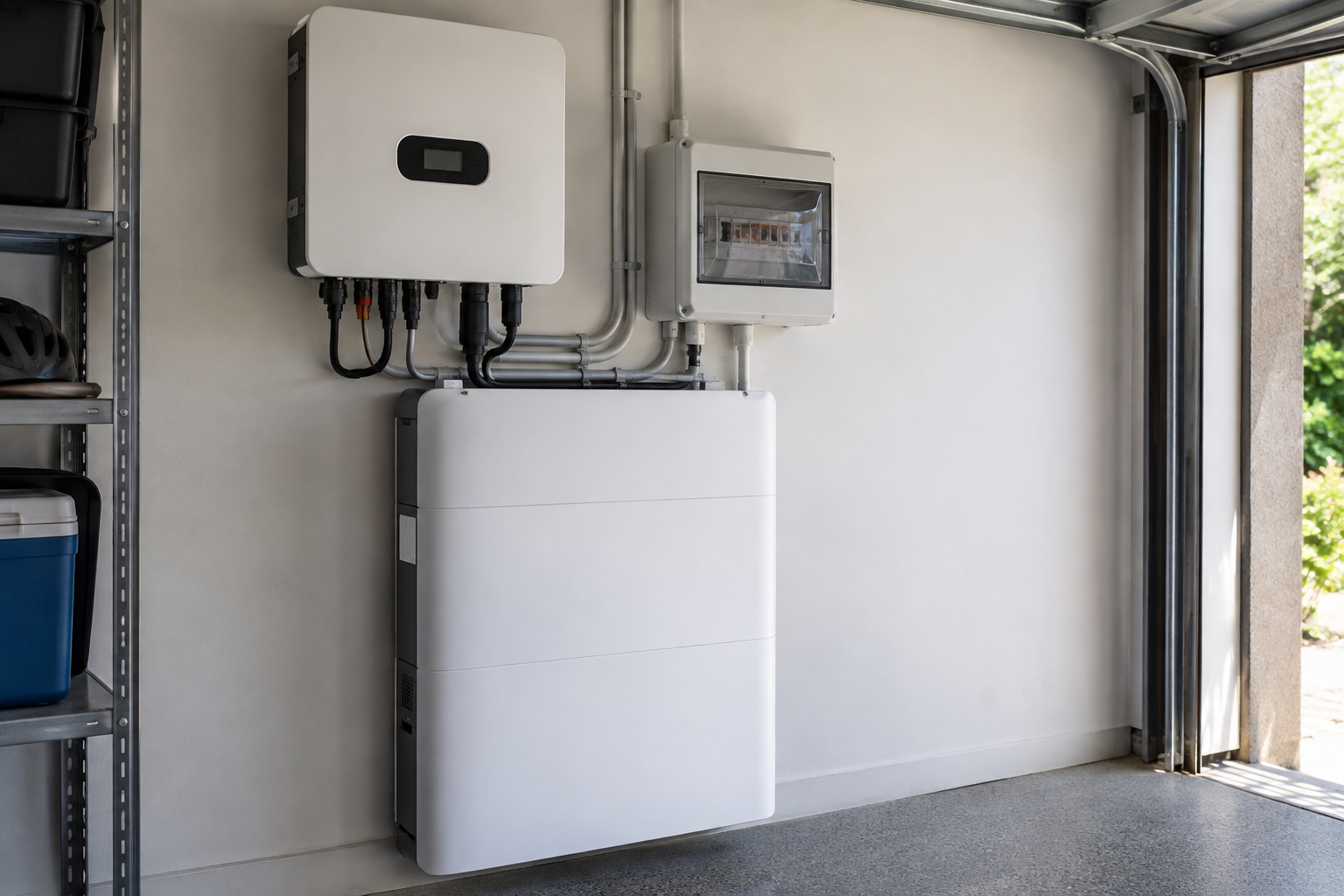Wall-mounted home battery storage system installed with solar inverter in an Australian garage