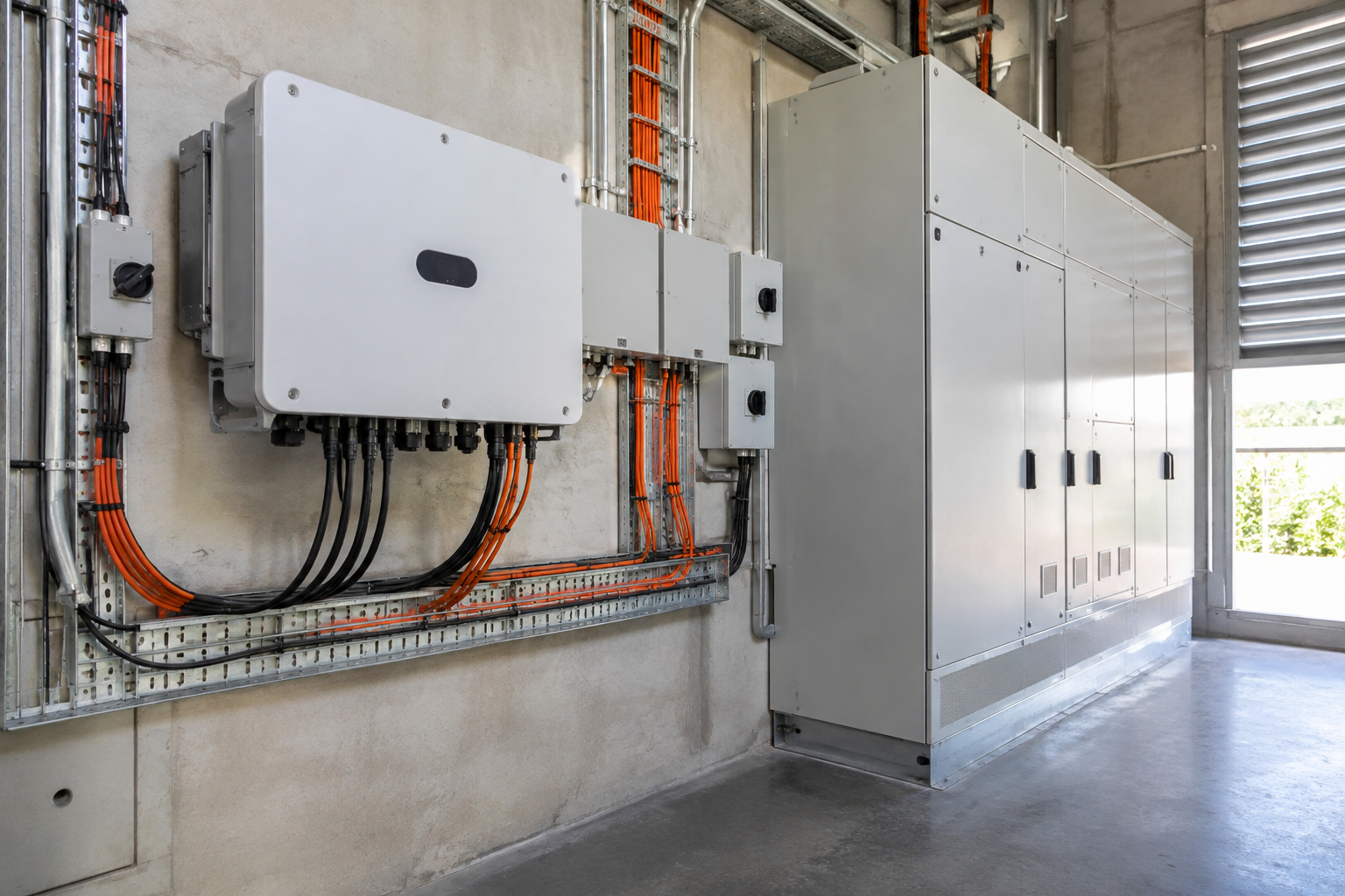 Three-phase commercial solar inverter and switchboard installation