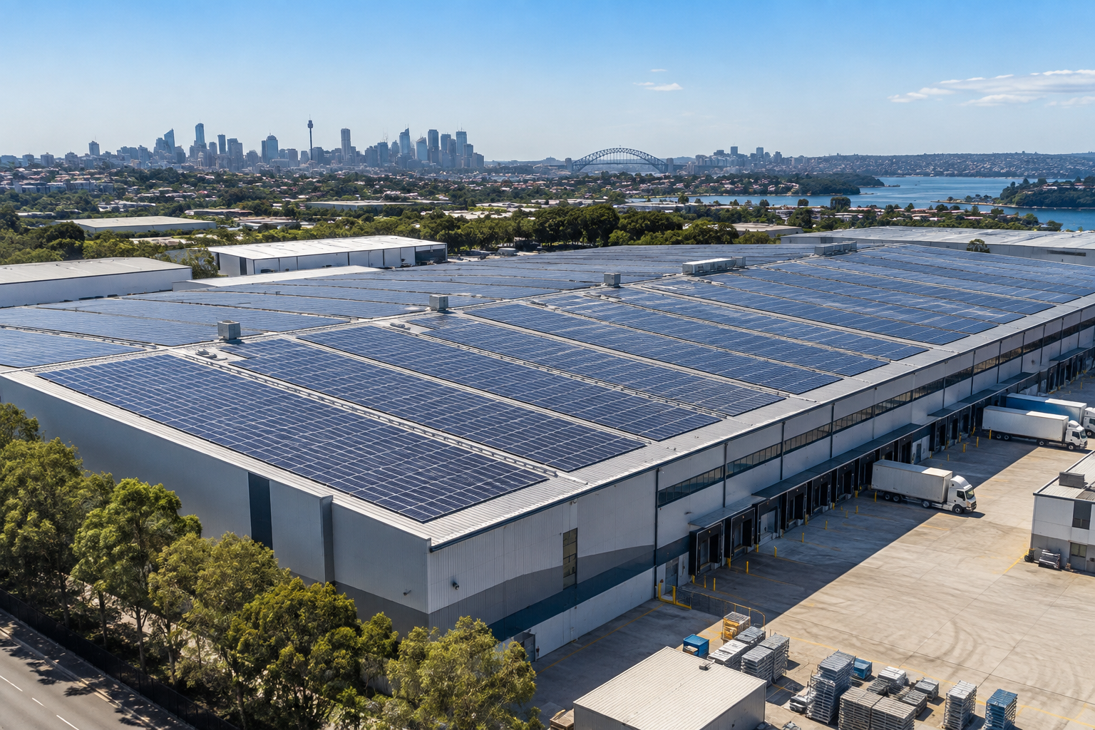 Aerial view of a large Sydney distribution warehouse rooftop fully covered in commercial solar panels
