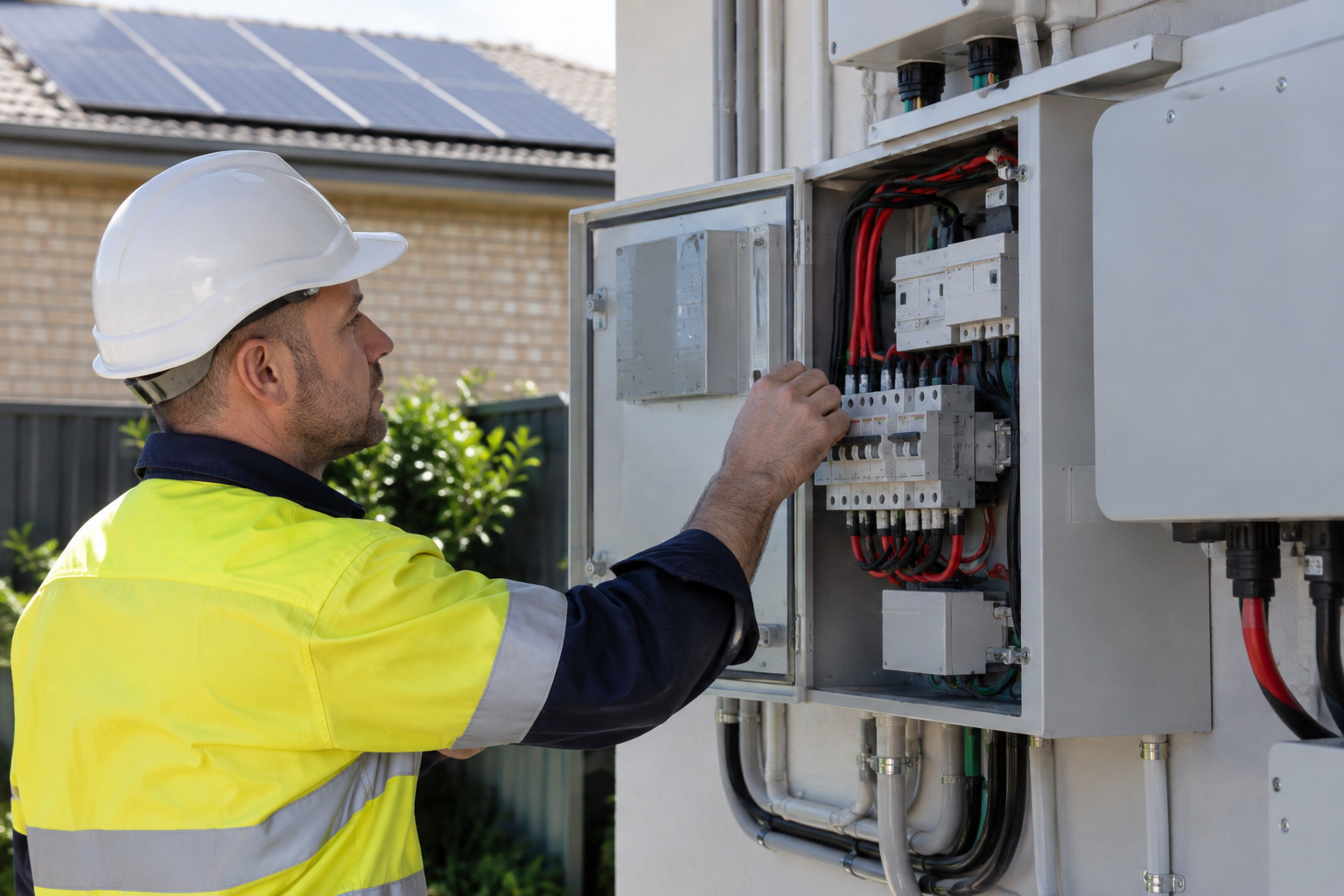 Licensed electrician inspecting a switchboard during solar grid connection in Parramatta