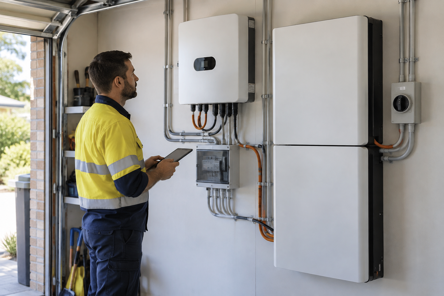 Solar battery and hybrid inverter installed neatly in a residential garage in Sydney