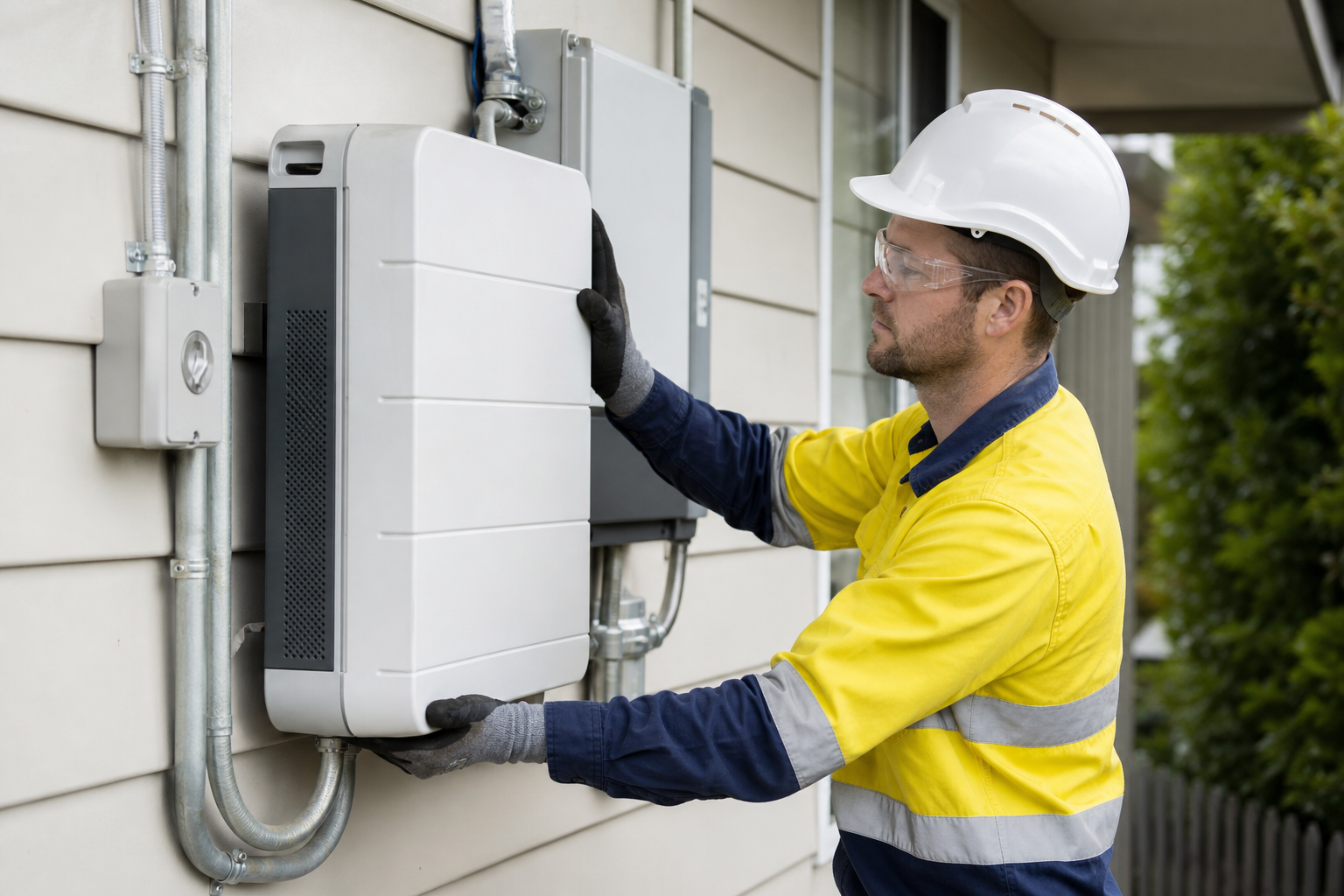 Licensed electrician installing a home battery storage system on an Australian house exterior wall