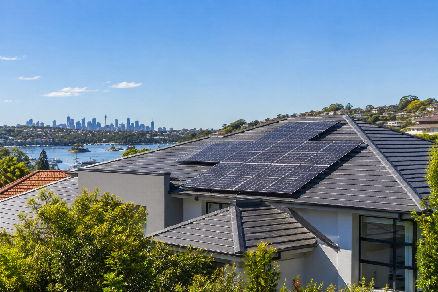 Sydney home with rooftop solar panels installed, harbour and city skyline in background