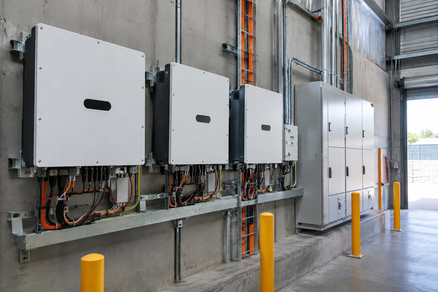 Three-phase commercial solar inverters and switchboard in an Australian warehouse electrical room