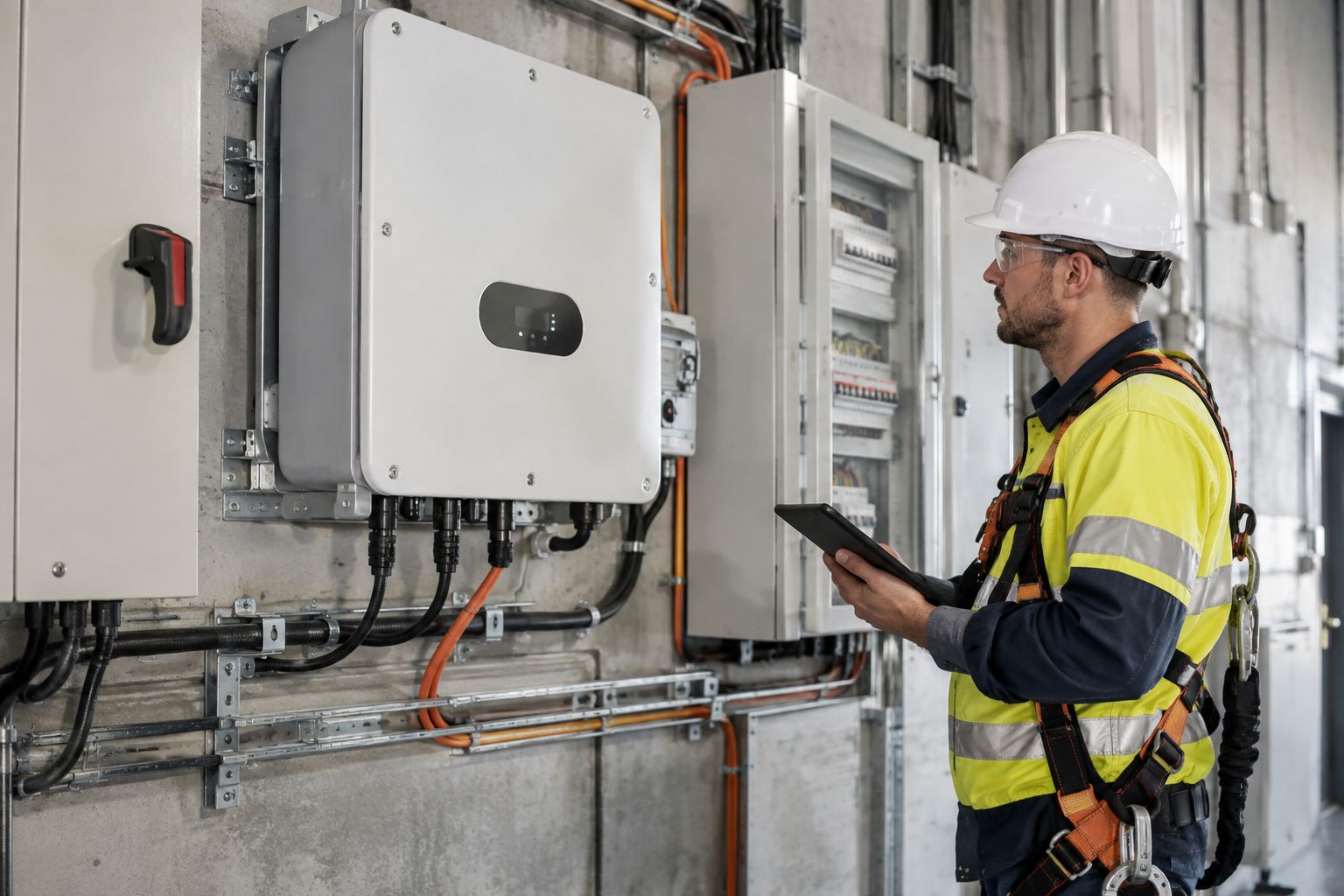 Solar installer inspecting a three-phase commercial inverter and switchboard