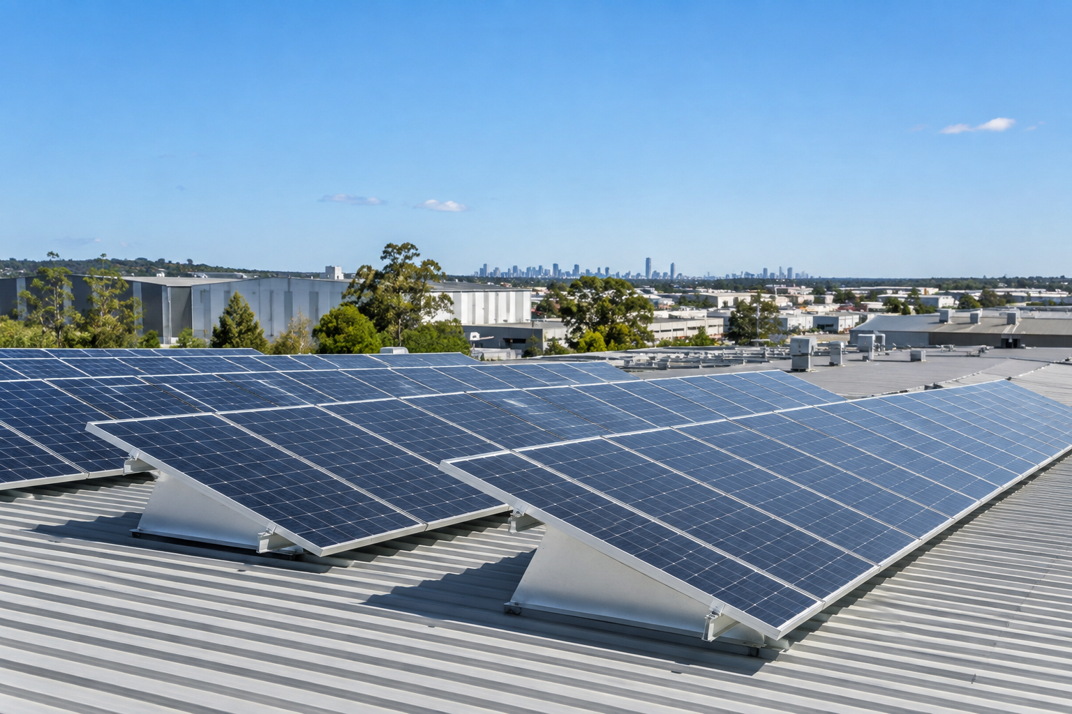 Commercial solar panels on tilt frames on a Parramatta industrial warehouse roof
