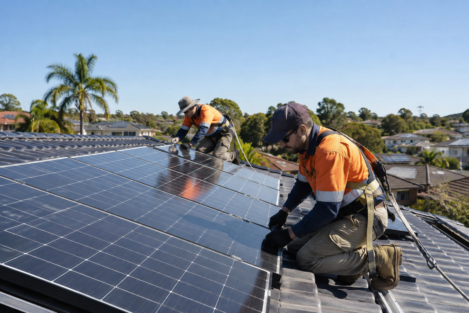 Two licensed solar installers securing solar panels on a Western Sydney rooftop