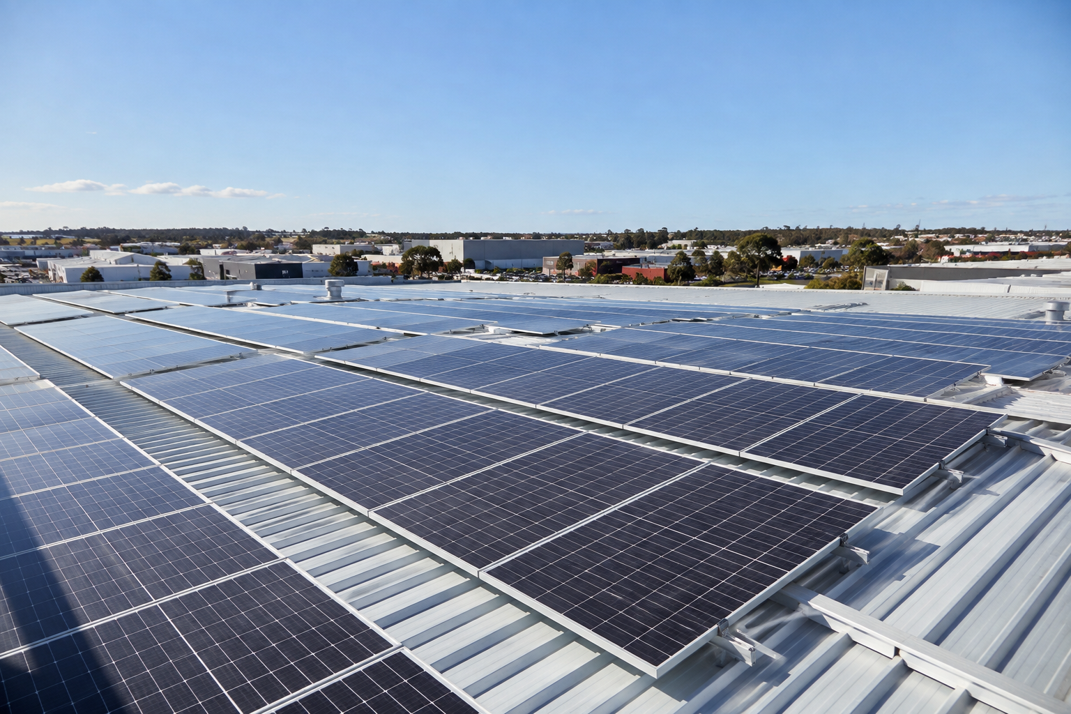 Large commercial solar panel array on a warehouse rooftop near Liverpool Sydney
