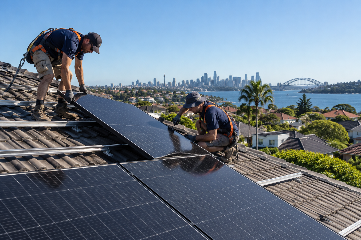 Installers fitting solar panels on a Sydney tiled roof with harbour skyline