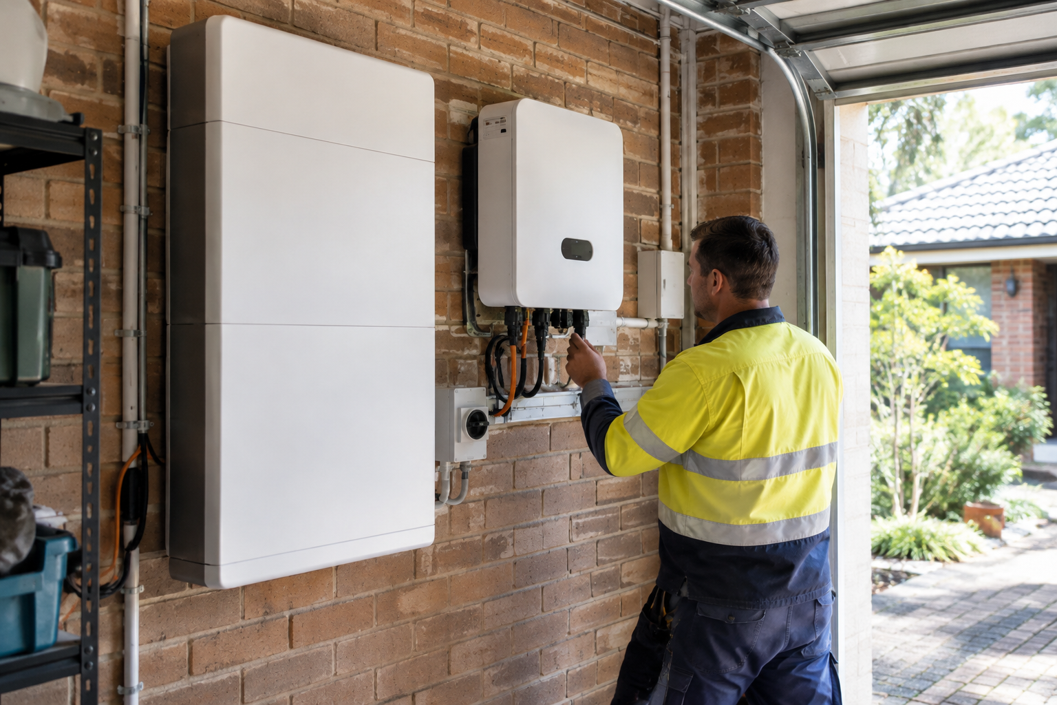 Home battery and hybrid inverter being installed on a Sydney garage wall