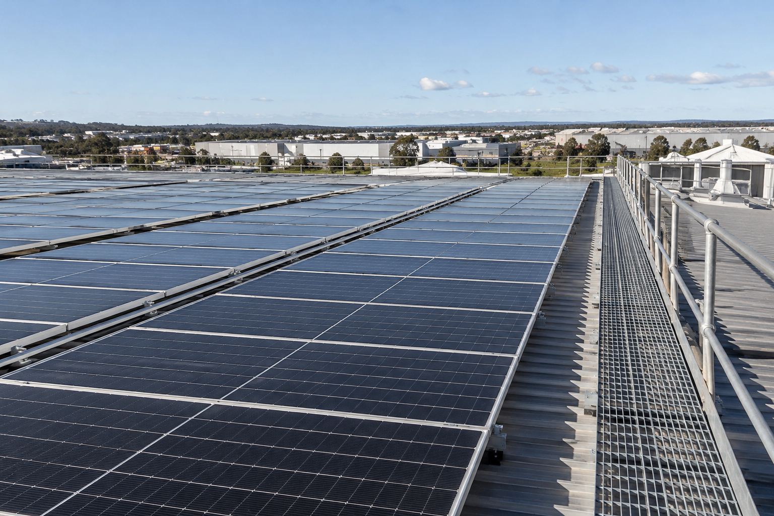 Rooftop solar array on a Sydney industrial factory with edge protection