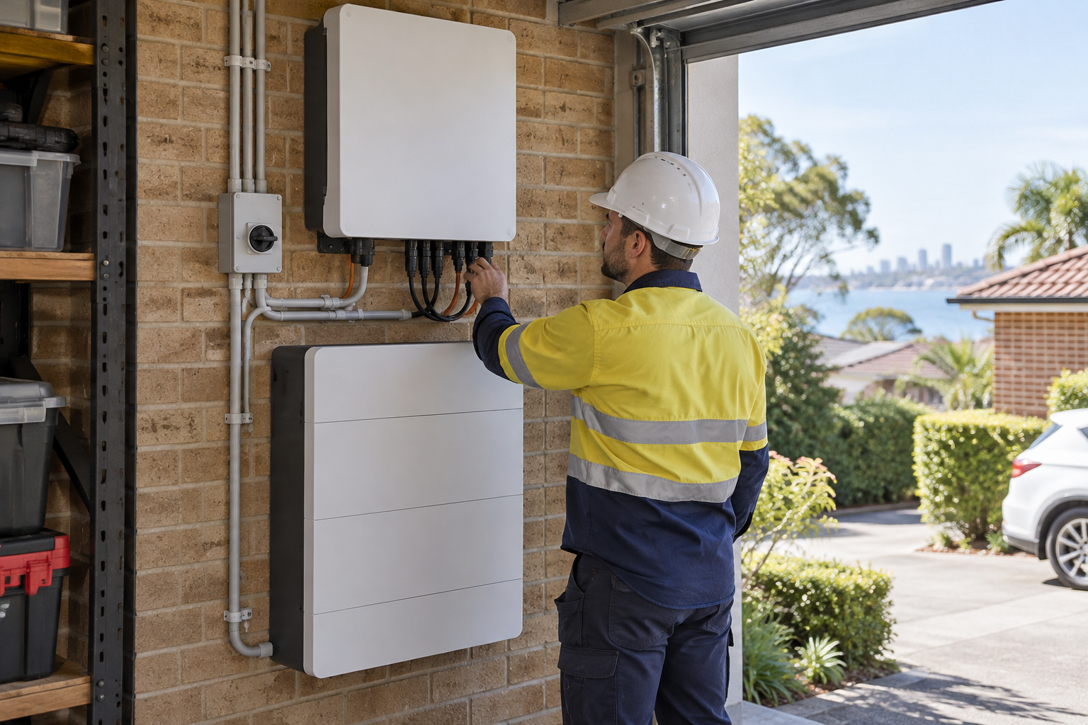 Home battery and hybrid inverter installed on a Sydney garage wall