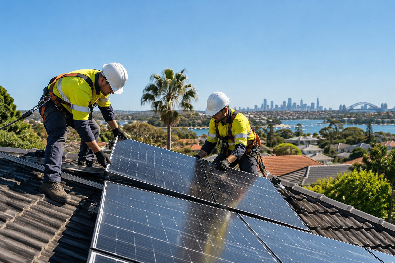 Solar installers fitting panels on a Sydney tiled roof