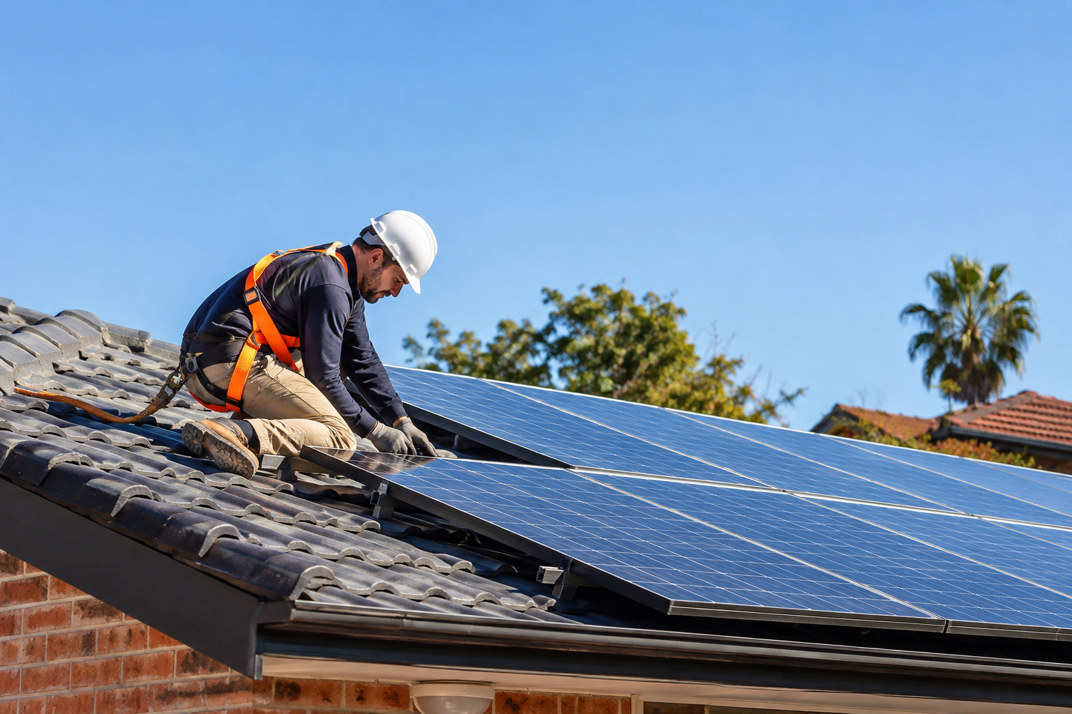 Installer fitting solar panels on a Liverpool brick home roof
