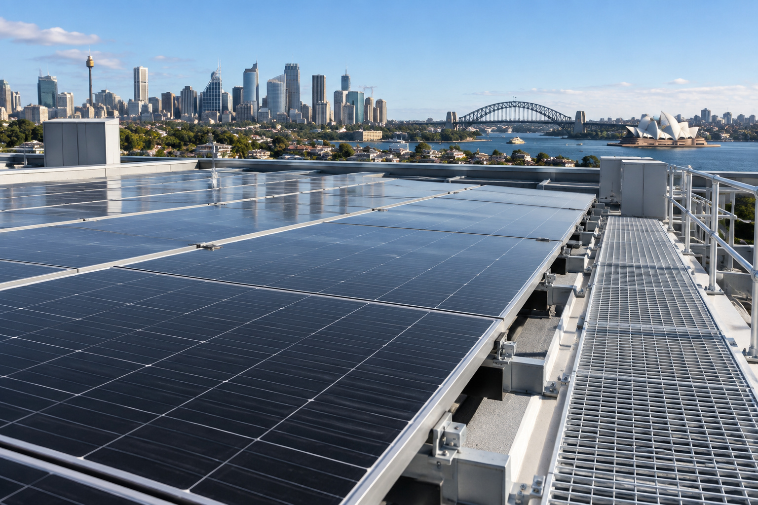 Black monocrystalline commercial solar panels on aluminium racking, Sydney