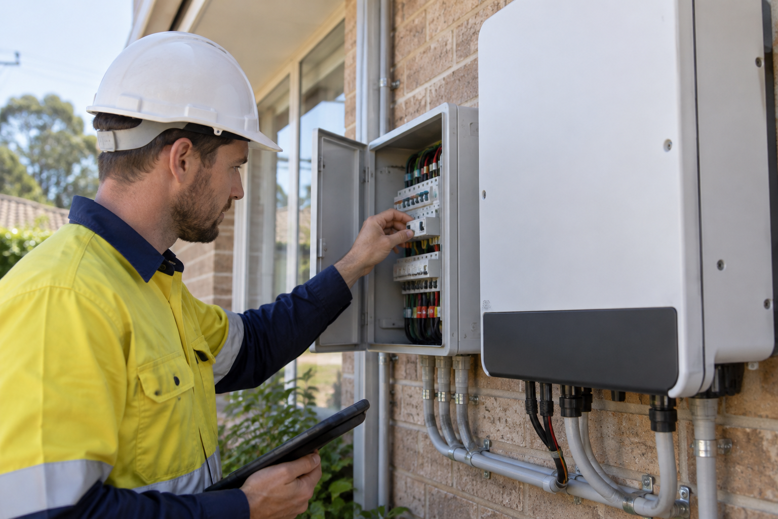 Installer checking a switchboard next to a solar inverter on a Sydney home
