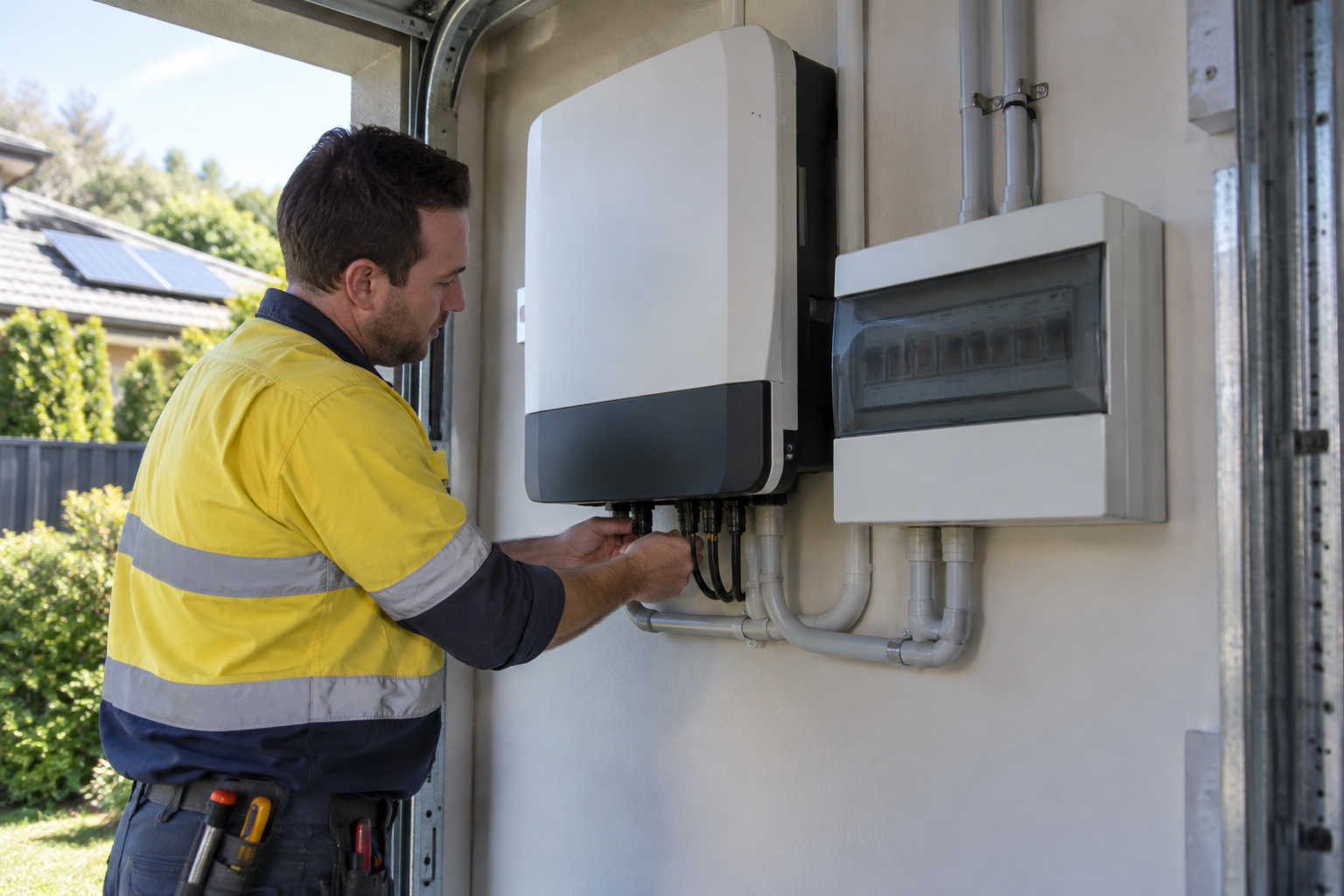 Installer fitting a hybrid inverter and switchboard in a Sydney garage