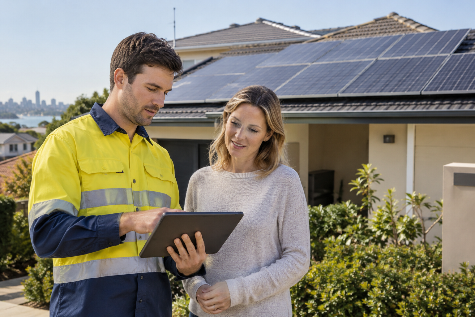 Solar installer reviewing a quote and system design with a Sydney homeowner