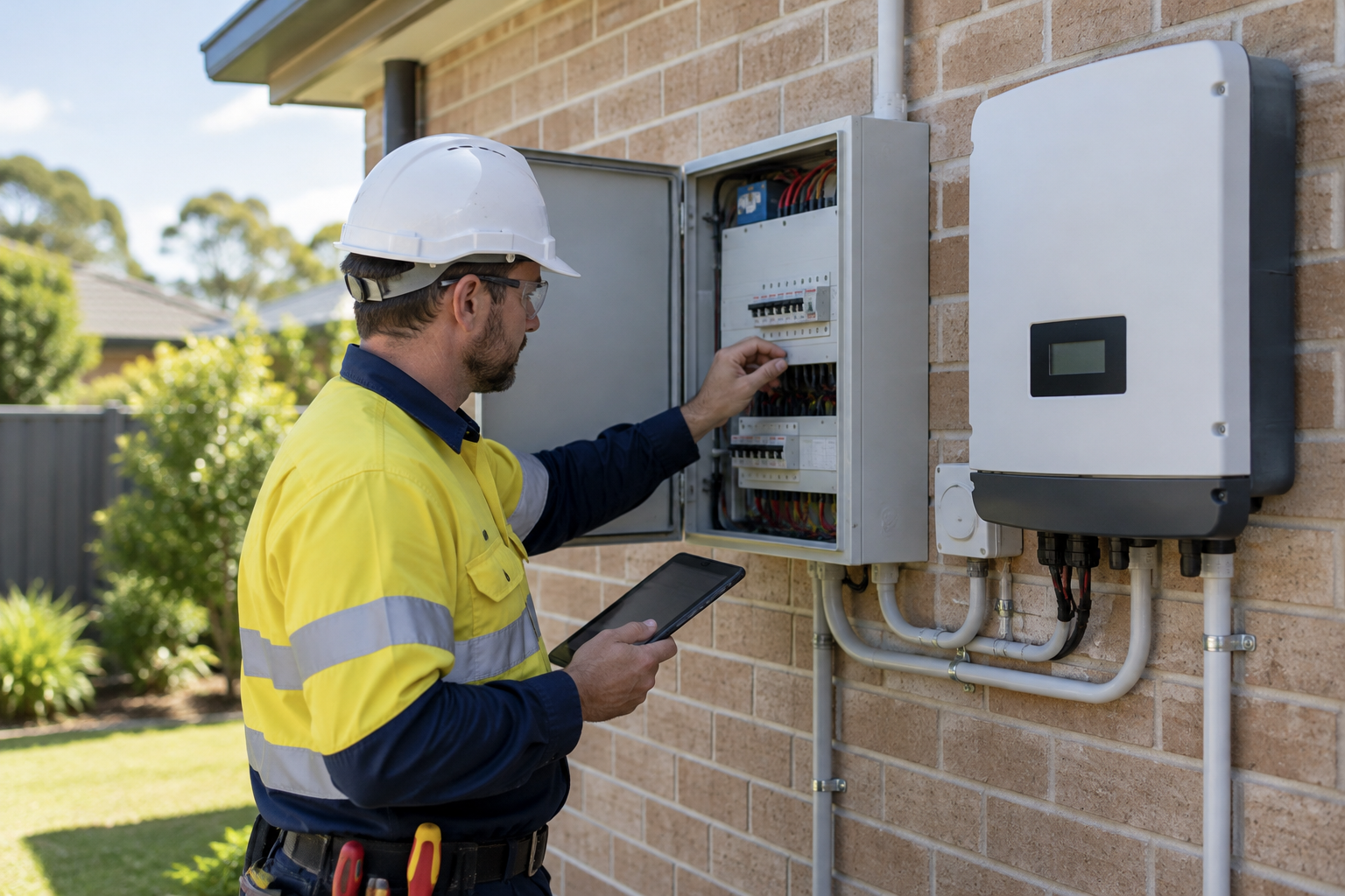 Electrician checking a switchboard and solar inverter on a Western Sydney home