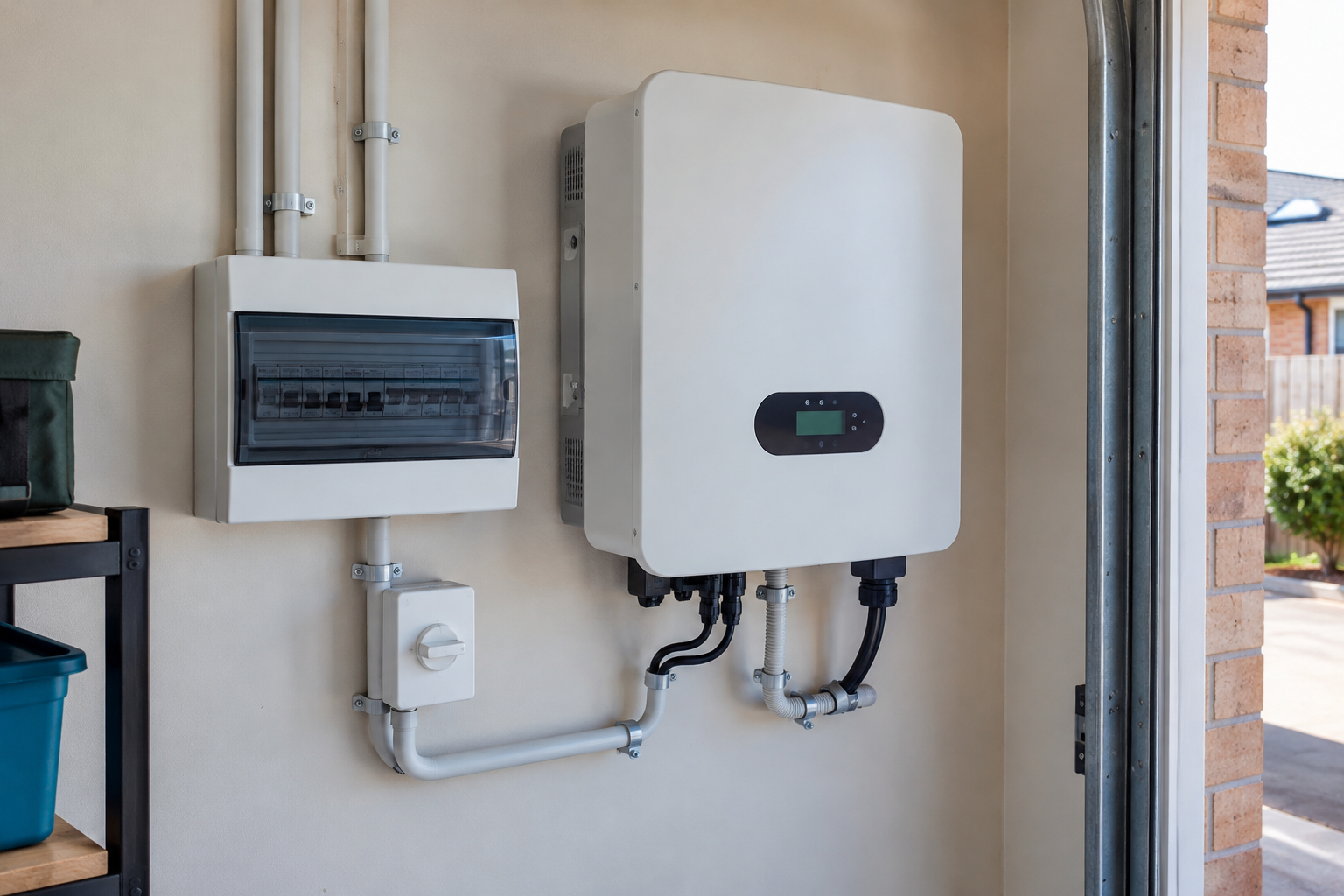 Solar inverter and switchboard installed on a Sydney garage wall