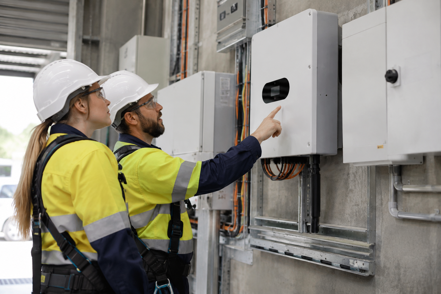Solar installers inspecting a commercial three-phase inverter in Sydney